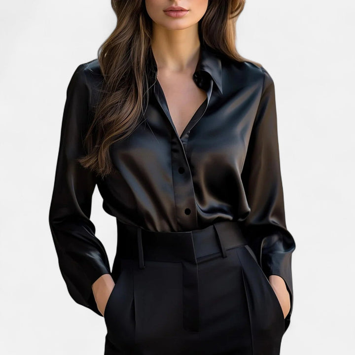 Dame Satin Bluse | Sort Langærmet Skjorte Elegant & Tidløs