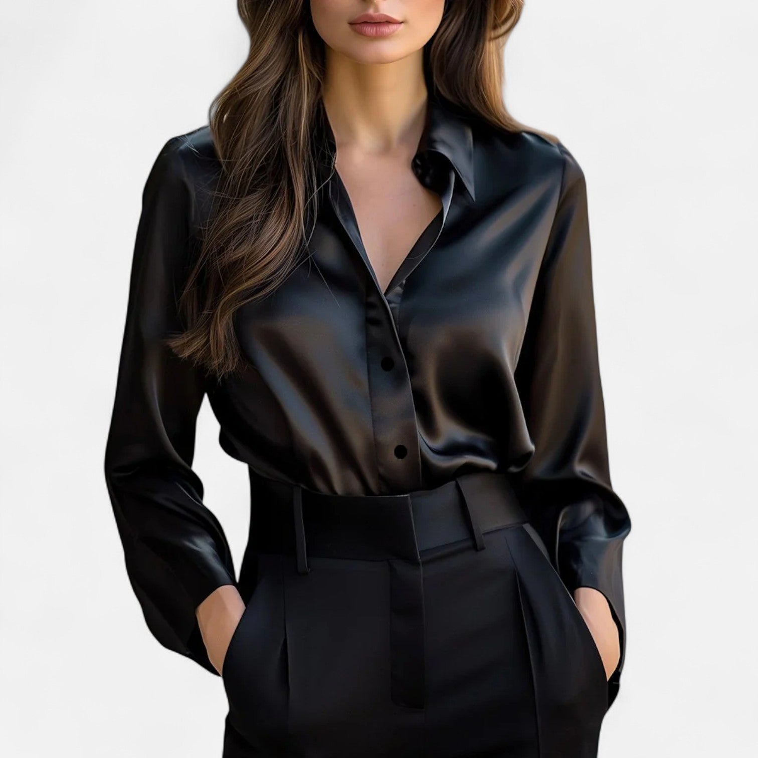 Bluză satinată neagră pentru femei cu mâneci lungi – eleganță atemporală, sofisticare modernă