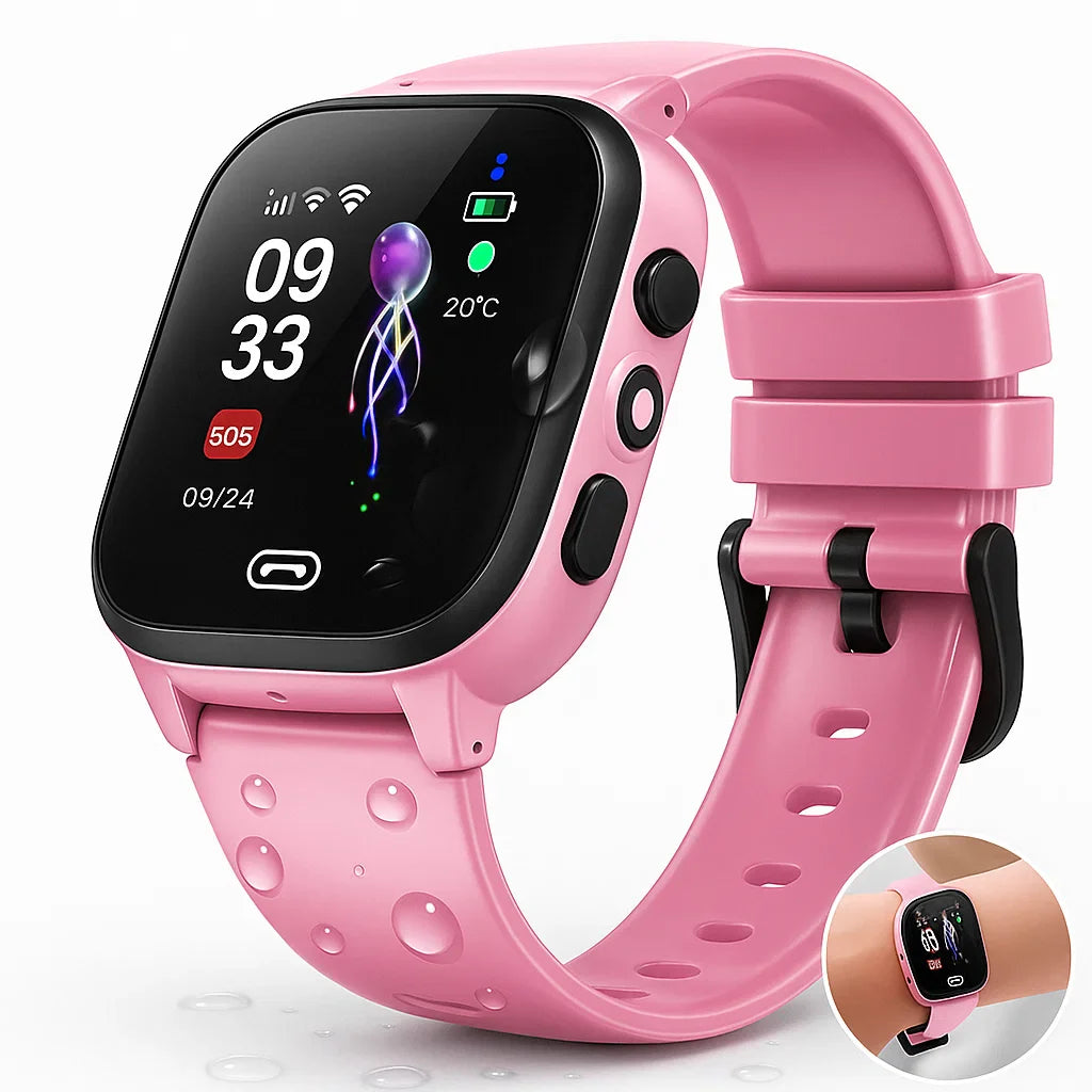 Pink smartwatch med silikonerem, digitalt display viser tid, dato, temperatur og sundhedsikoner. Moderne design, fitness-tracker, teknologi.