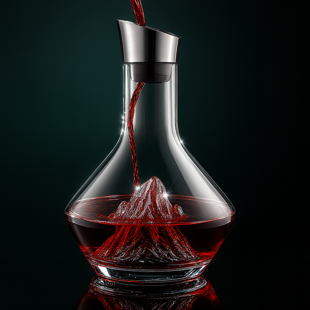 Elegant karaffel med rødvin, der hældes i, fremhæver vinens farve og klarhed. Perfekt til vinservering og dekoration.