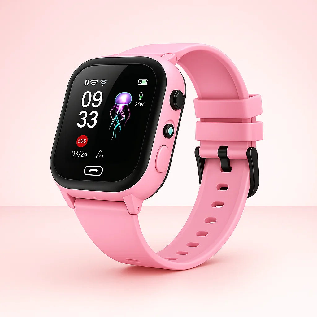 Pink smartwatch med rektangulær skærm, viser tid, dato og vejr. Børnevenligt design med silikonerem. Ideel til børn, teknologi, smartwatches.