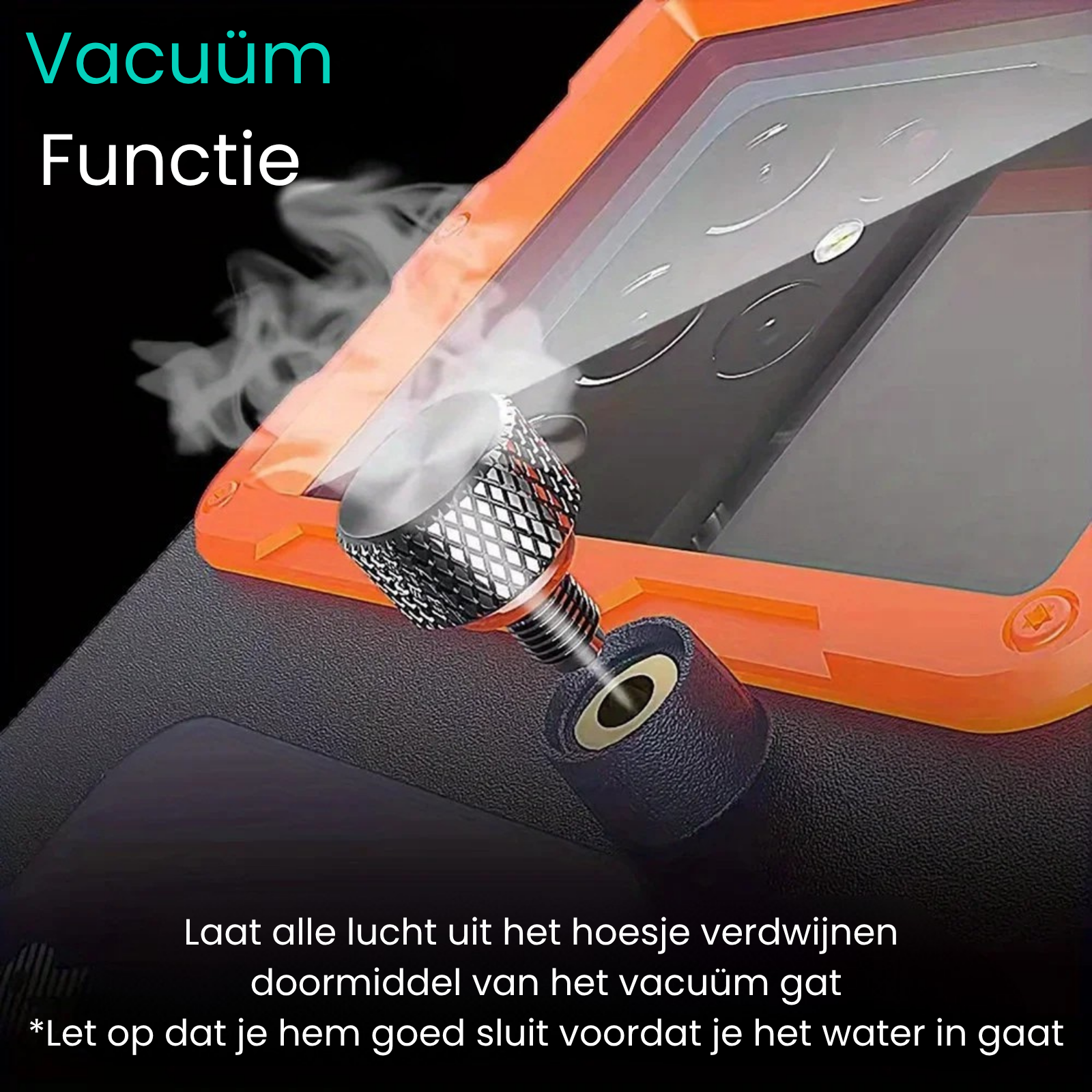 Vandtæt mobilcover med vakuumfunktion, orange kant, tætning mod vandindtrængning. Perfekt til beskyttelse af smartphones mod vand og støv.