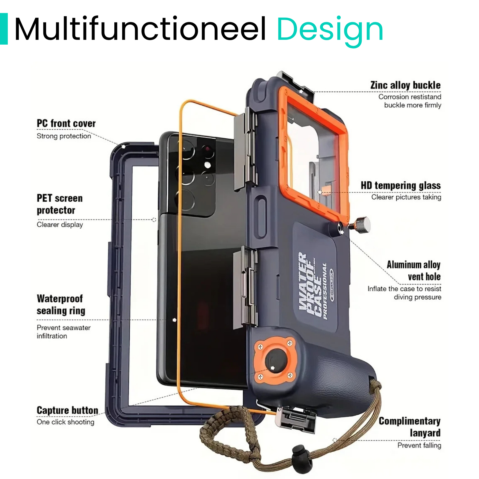 Multifunktionelt undervandskameraetui til smartphone med robust design, hærdet glas, aluminiumsventil og beskyttende skærm. Ideel til dykning.