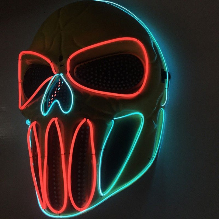 Mască de craniu LED de Halloween - albastru neon și roșu, efect luminos înfricoșător