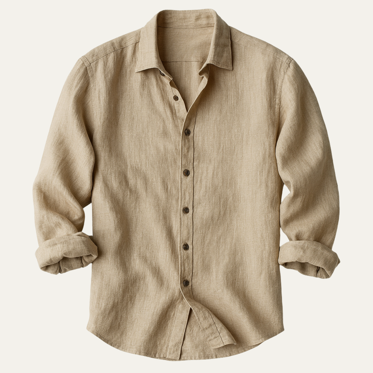 Beige linned skjorte med lange ærmer og knapper, perfekt til sommermode. Stilfuld og åndbar herreskjorte i naturligt materiale.