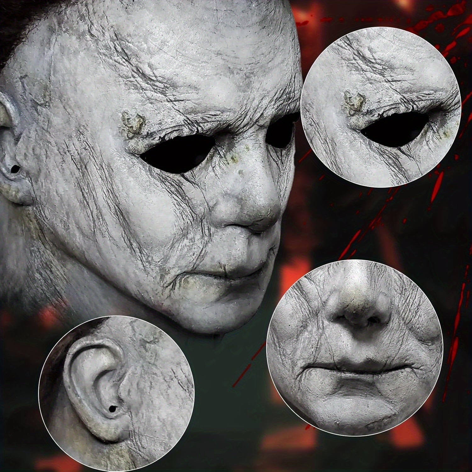 Michael Myers maske med nærbilleder af detaljer som øjne, ører og mund. Halloween skrækmasker, realistisk design, gyserfilm rekvisit.