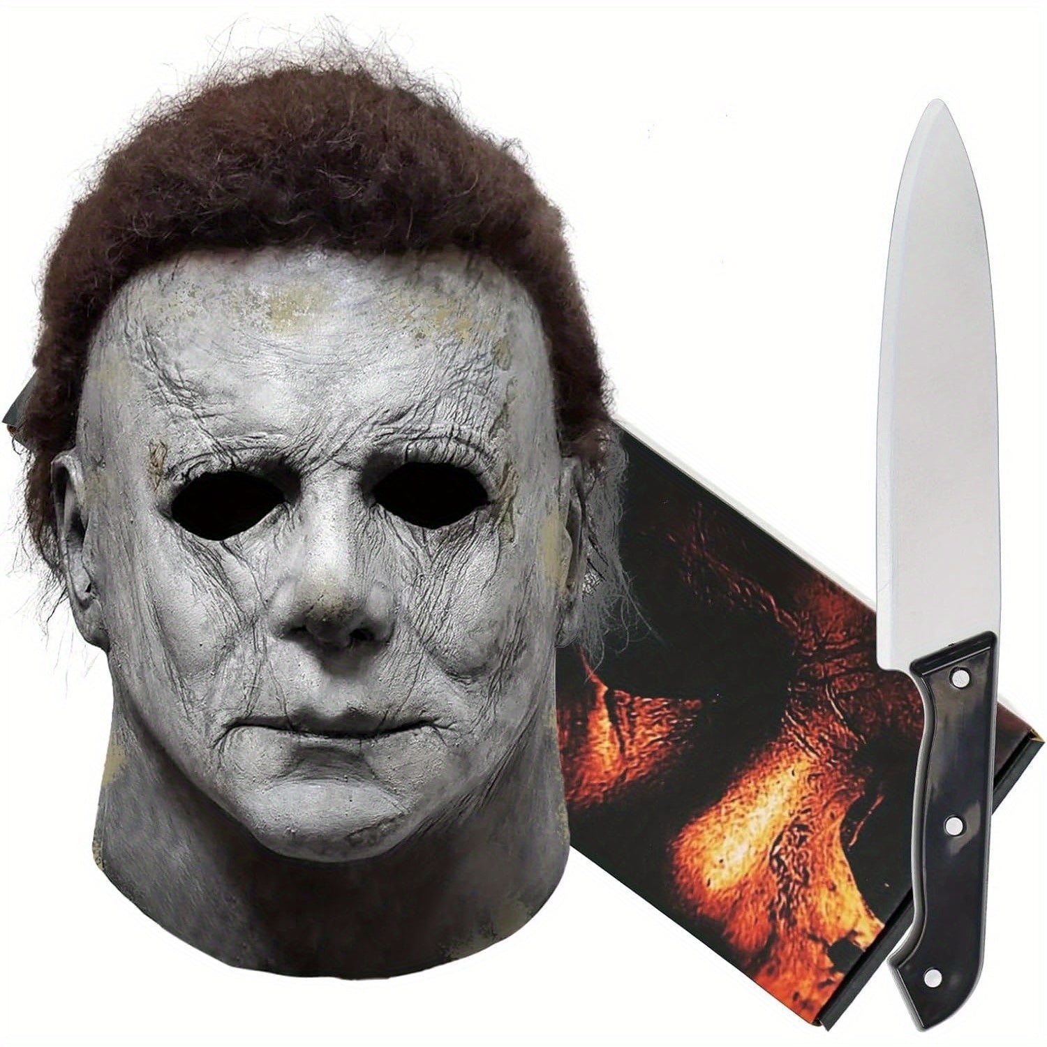 Michael Myers maske med kniv og filmcover. Halloween kostume tilbehør, skræmmende maske, gyserfilm rekvisit, realistisk latex design.