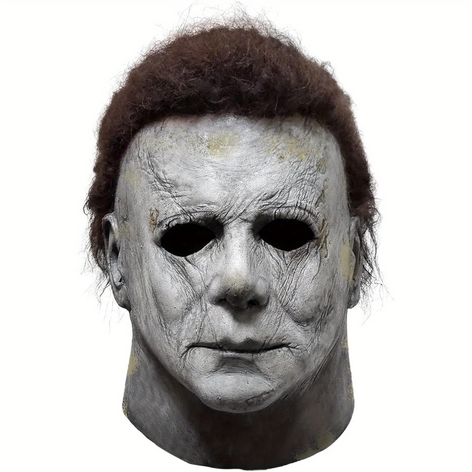 Maskerede Halloween-maske med skræmmende ansigt, rynker og mørkt hår. Perfekt til gyserkostumer og Halloween-fester. Realistisk og uhyggelig design.