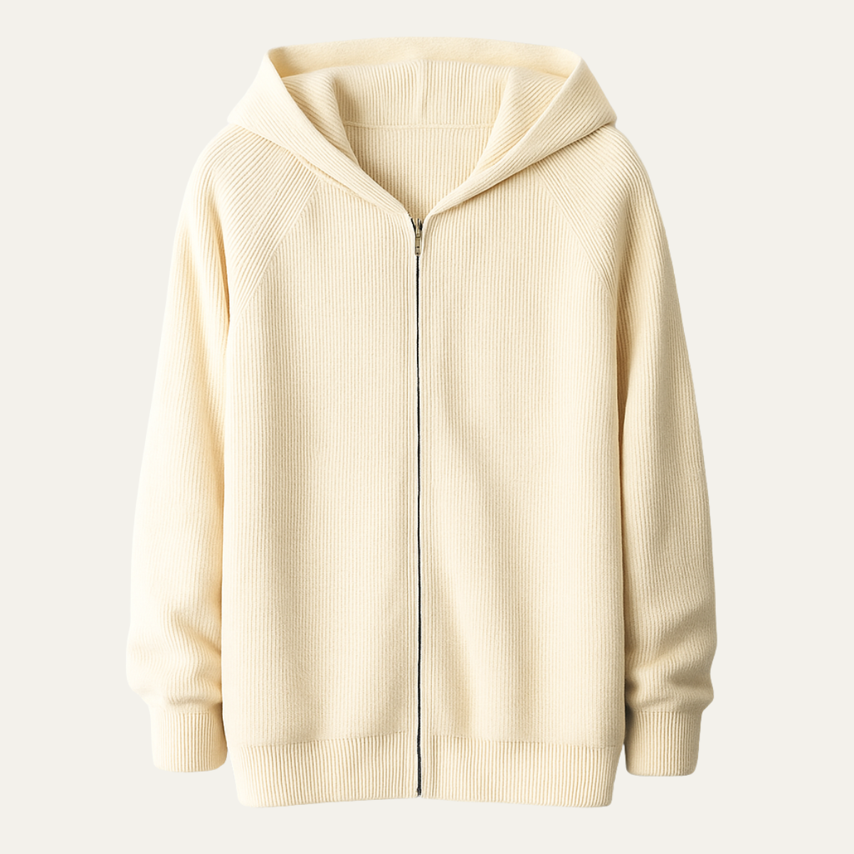Beige hættetrøje med lynlås, ribstrikket design, lange ærmer og hætte. Stilfuld og komfortabel trøje til hverdagsbrug.