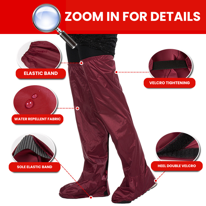 Røde vandtætte skoovertæk med elastikbånd og velcrolukning. Ideelle til regnvejr, beskytter sko mod vand og snavs. Praktisk og holdbar løsning.