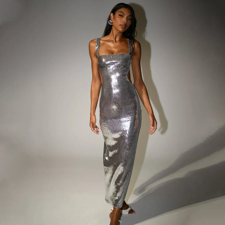 Vestido de noche para mujer - largo, brillante con escote cuadrado para gala y ocasiones especiales