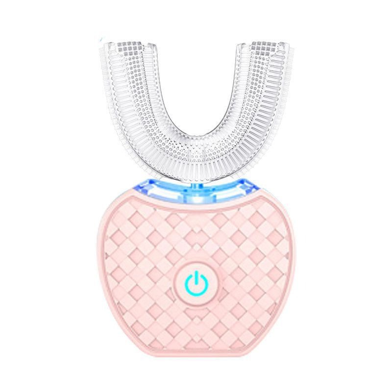 Elektrisk tandbørste med U-formet børstehoved, automatisk tandrensning, lyserød base, LED-indikator. Innovativ tandplejeenhed til effektiv mundhygiejne.