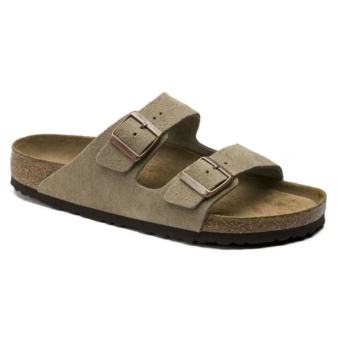 Beige Birkenstock sandal med to justerbare remme og korksål, komfortabel fodtøj til mænd og kvinder, populær sommersandal i klassisk design.