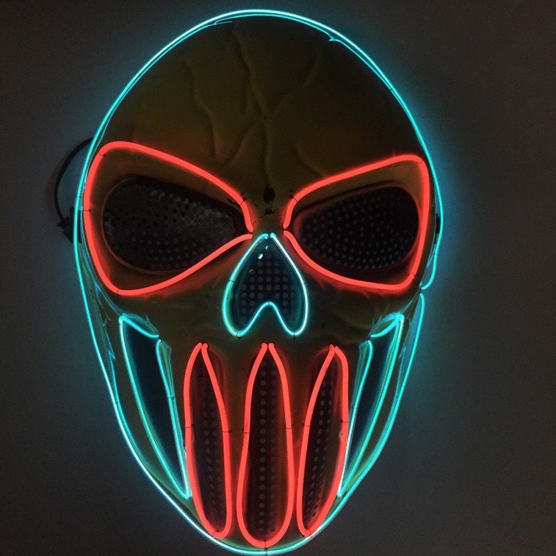 Mască de craniu LED de Halloween - albastru neon și roșu, efect luminos înfricoșător