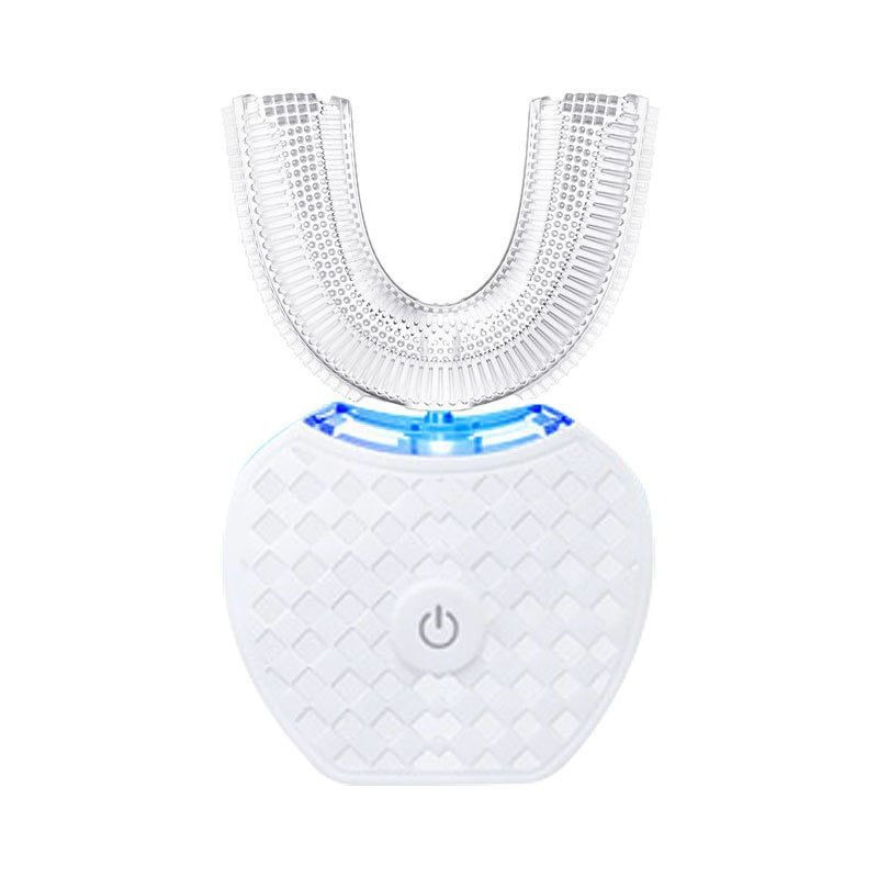 Hvid elektrisk tandbørste med U-formet børstehoved og LED-lys. Avanceret tandpleje, effektiv mundhygiejne, moderne design.