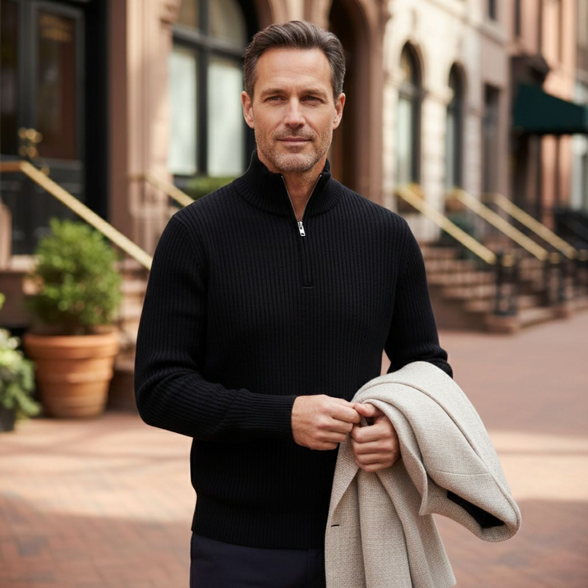 Pull homme à demi-fermeture éclair | Tricot côtelé décontracté confortable sur mesure