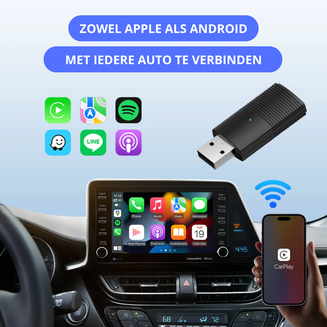 Langaton CarPlay-sovitin, yhteensopiva Applen ja Androidin kanssa | välitön plug & play -yhteys