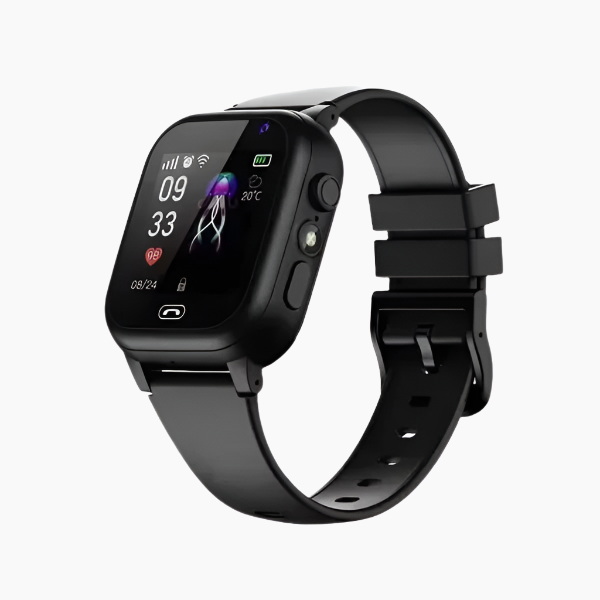 Sort smartwatch med rektangulær skærm, viser tid, dato og vejr. Moderne design, silikonerem, ideel til fitness og sundhedsovervågning.