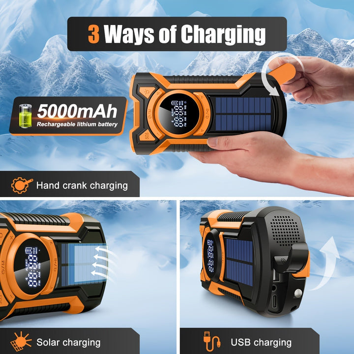 Radio de emergencia multifuncional - AM/FM/NOAA, lámpara, SOS, carga solar y USB