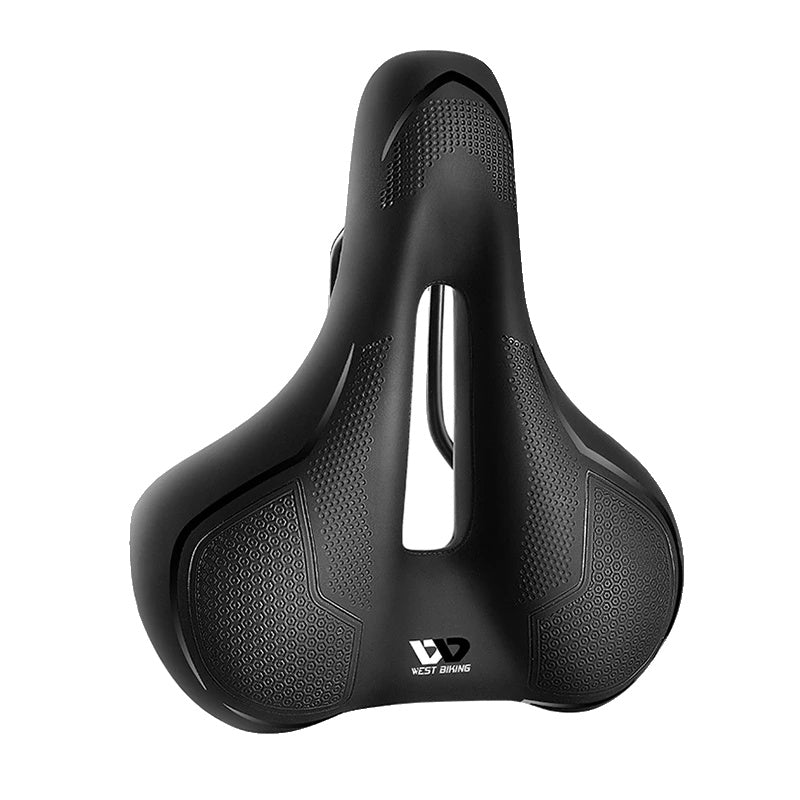Sort cykelsadel med ergonomisk design og ventilationshul, ideel til komfortabel cykling. Perfekt til mountainbikes og racercykler.