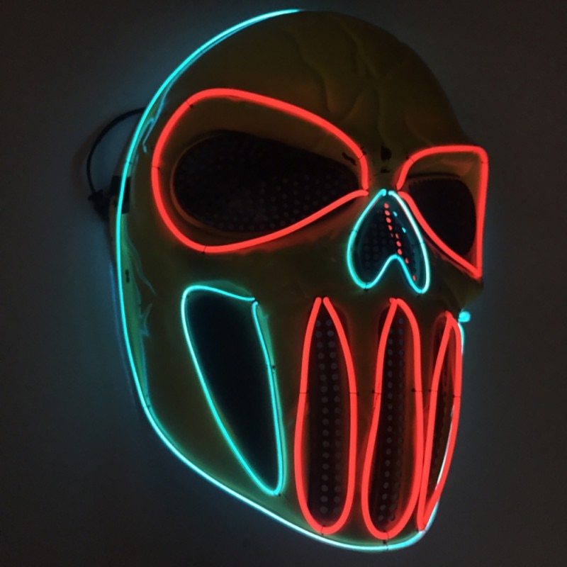 Mască de craniu LED de Halloween - albastru neon și roșu, efect luminos înfricoșător