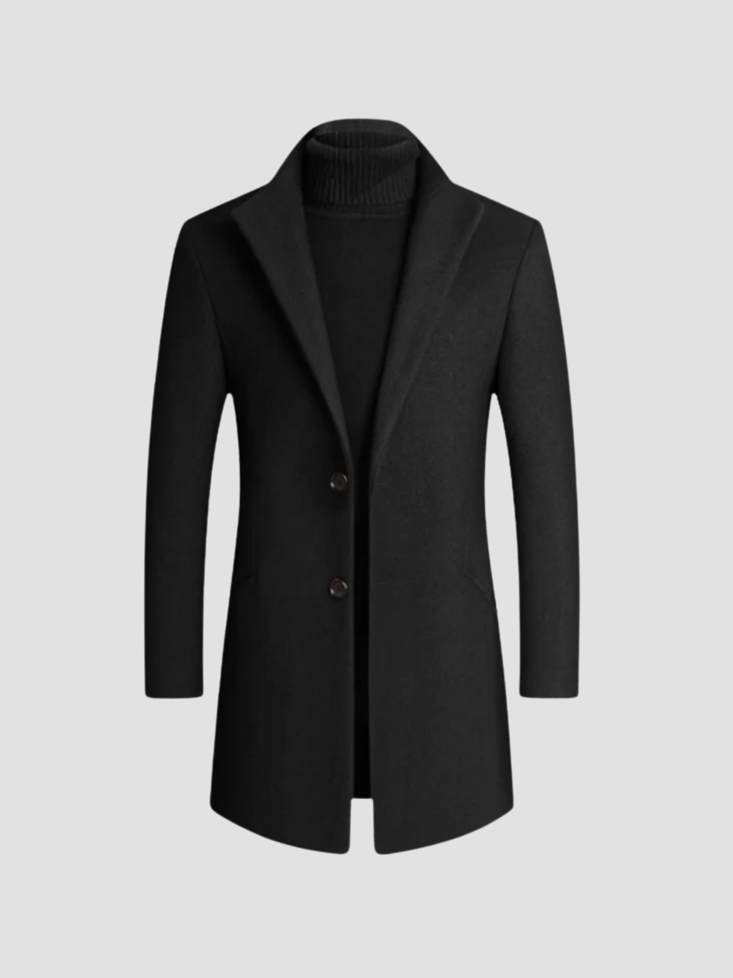 Sort herrefrakke med to knapper og høj krave, elegant design, velegnet til vintermode. Perfekt til stilfulde, moderne mænd.