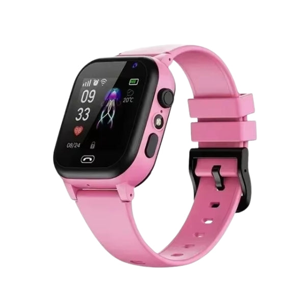 Pink smartwatch med rektangulær skærm, viser tid og vejr, silikonerem, moderne design, ideel til fitness og daglig brug.