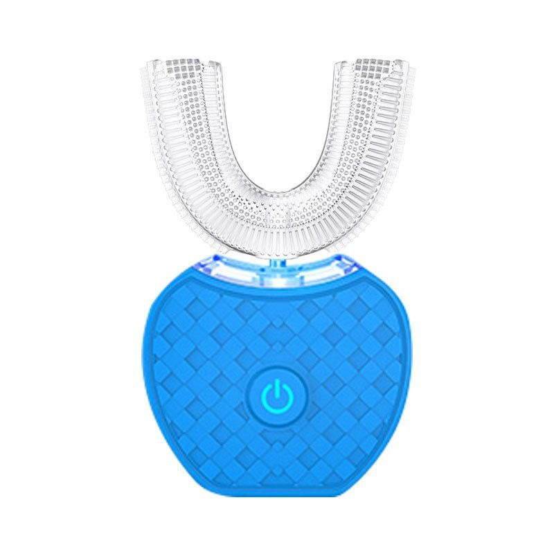 Blå elektrisk tandbørste med U-formet silikonebørstehoved, automatisk tandrensning, LED-lys, effektiv mundhygiejne, moderne tandplejeenhed.