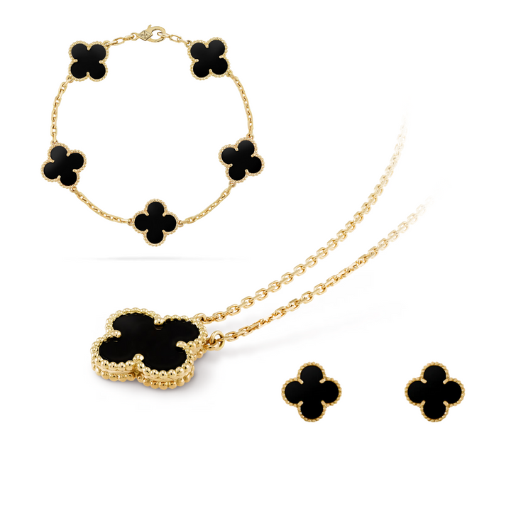 Corbi Celeste Clover Black | Conjunto de joias banhado a ouro 18K em aço inoxidável