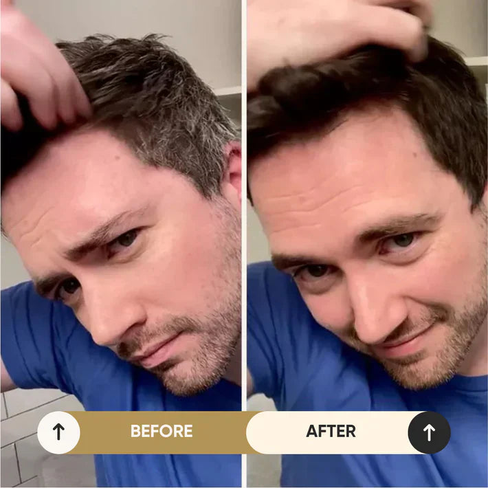 Mand før og efter hårfarvning, viser grå hår dækket af mørk farve. Effektiv hårfarve til mænd, før-efter transformation, naturligt look.