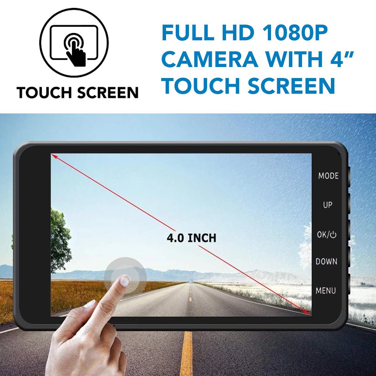 4" touchskærm Full HD 1080p kamera, vejvisning, håndbetjening, høj opløsning, brugervenlig interface, moderne teknologi, skarp billedkvalitet.