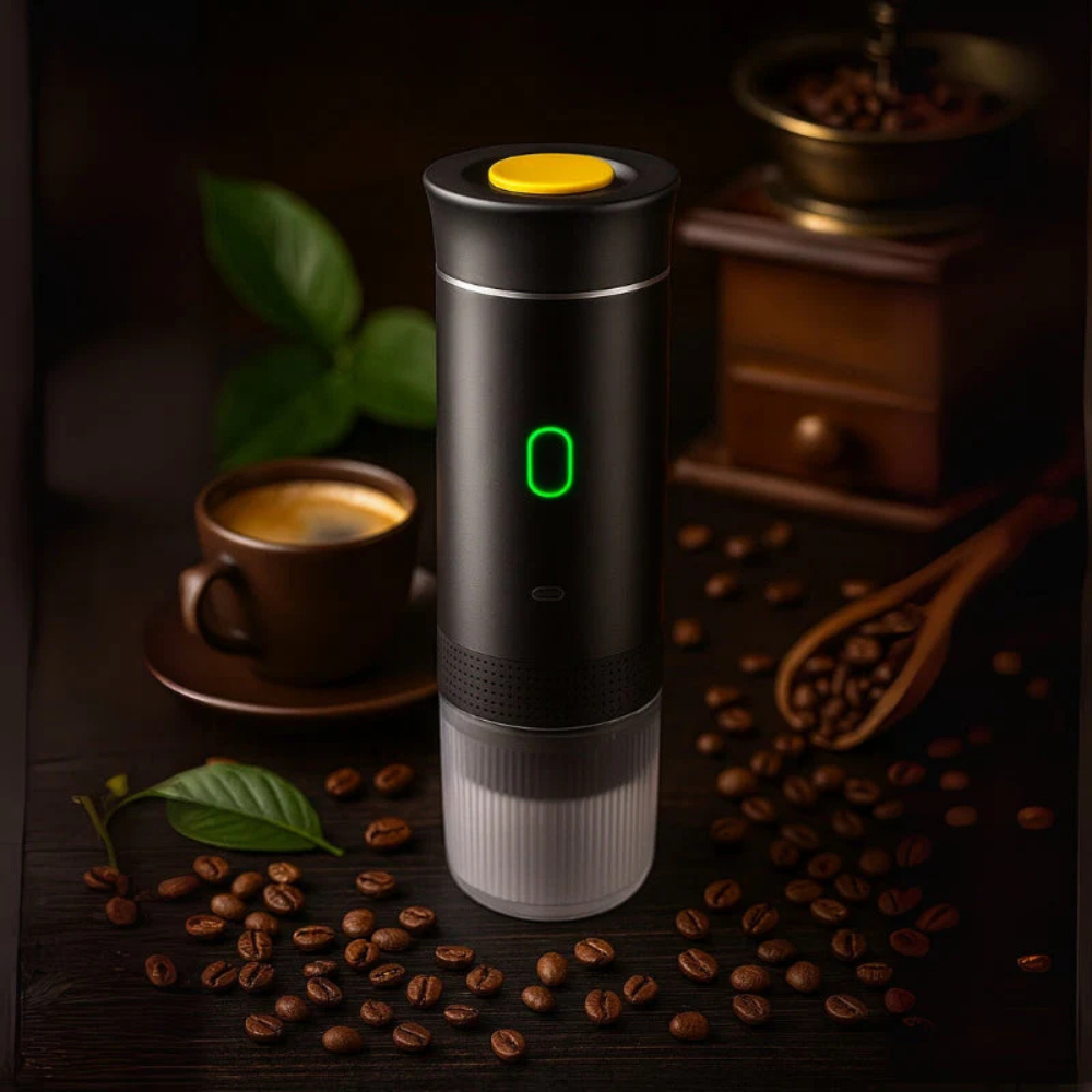 Bærbar kaffekværn med moderne design, LED-indikator og kaffebønner omkring. Perfekt til friskbrygget kaffe derhjemme eller på farten.