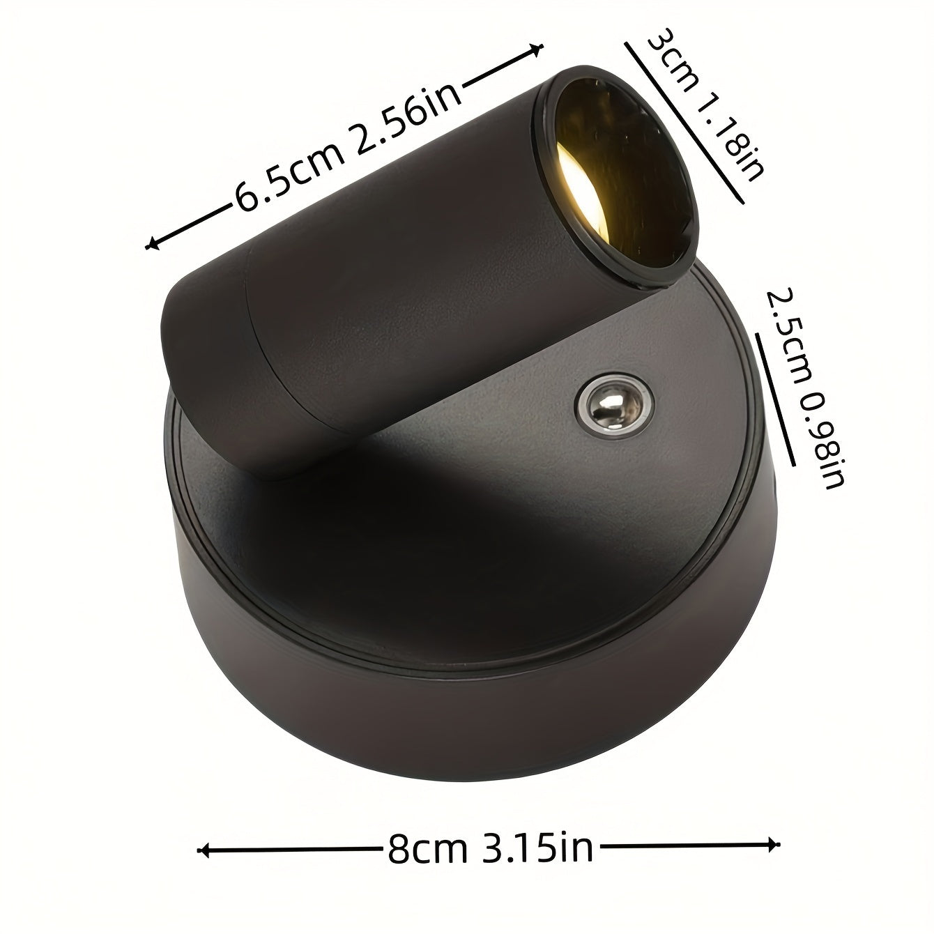 Sort LED-væglampe med justerbar cylinderformet spot, dimensioner: 8cm base, 6,5cm spotlængde. Ideel til moderne belysning og indretning.