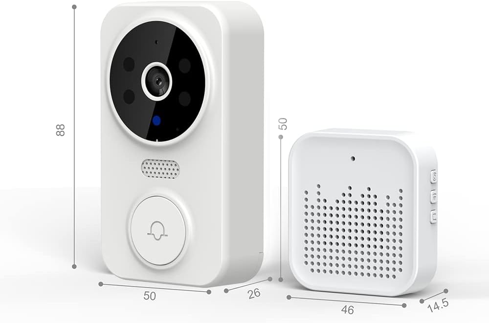 Hvid trådløs videodørklokke med kamera og højtaler, moderne design, dimensioner 88x50x26 mm, ideel til hjemmesikkerhed og overvågning.