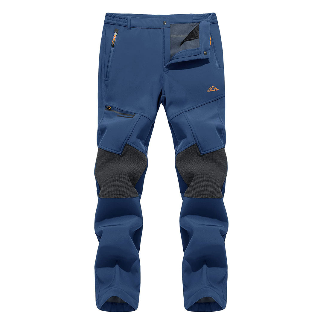 Water-resistant men's ski pants with fleece lining and reinforced knees for winter sports