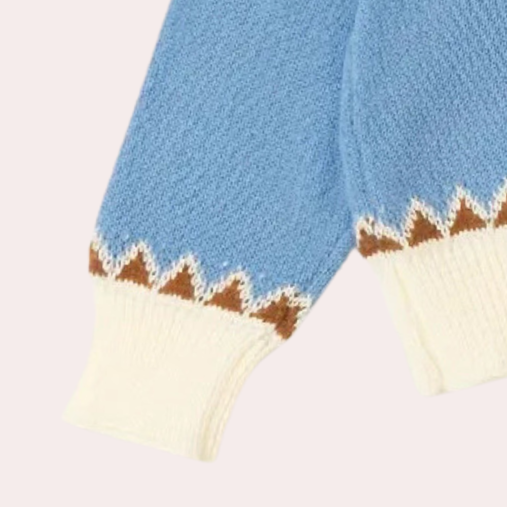Blå striktrøje med hvid og brun zigzag kant, langærmet design, blød tekstur. Perfekt til efterårsmode og vinterbeklædning.