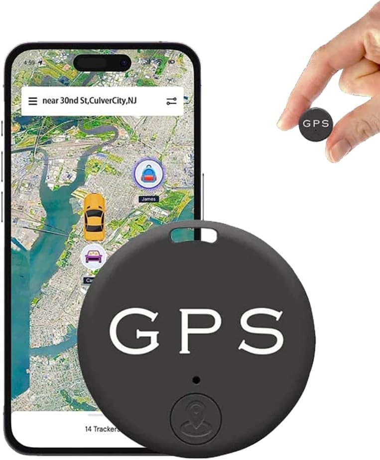 Smartphone med GPS-tracker-app og sort GPS-enhed. Hånd holder GPS-chip. Ideel til sporing af biler og ejendele. Avanceret teknologi, præcis lokalisering.