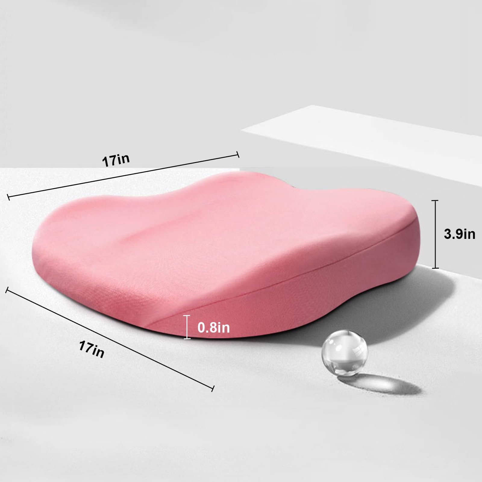 Lyserød ergonomisk sædepude med dimensioner 17x17x3,9 tommer, designet til komfort og støtte. Perfekt til kontorstole og langvarig siddestilling.