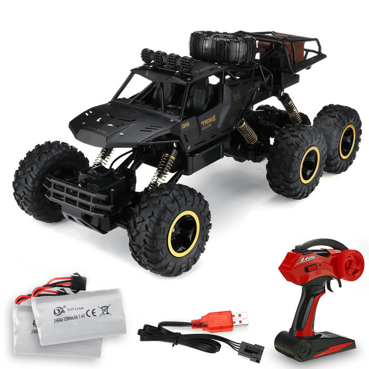 Fjernstyret off-road bil med store dæk, robust design og medfølgende fjernbetjening, batterier og oplader. Perfekt til terrænkørsel og legetøjsentusiaster.
