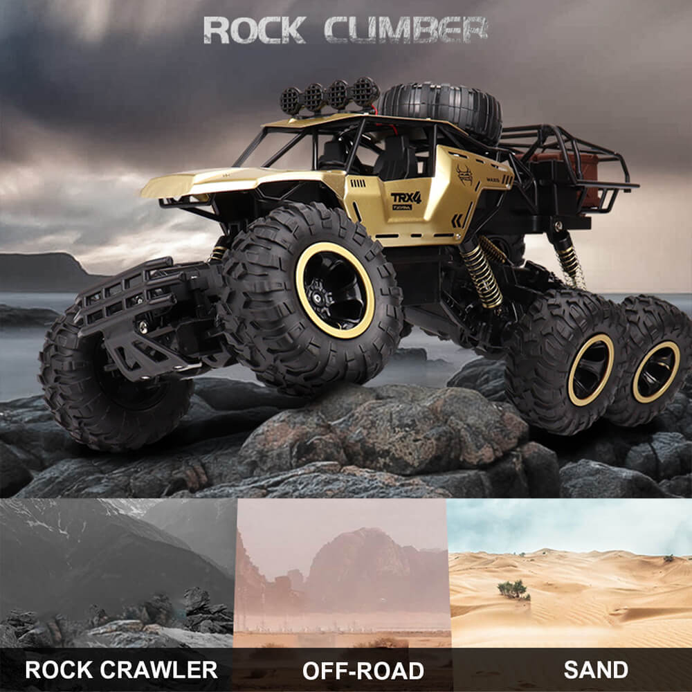 Fjernstyret off-road bil på klipper, TRX4 rock crawler, store dæk, robust design, ideel til terræn, sand og klatring. Perfekt til udendørs eventyr.