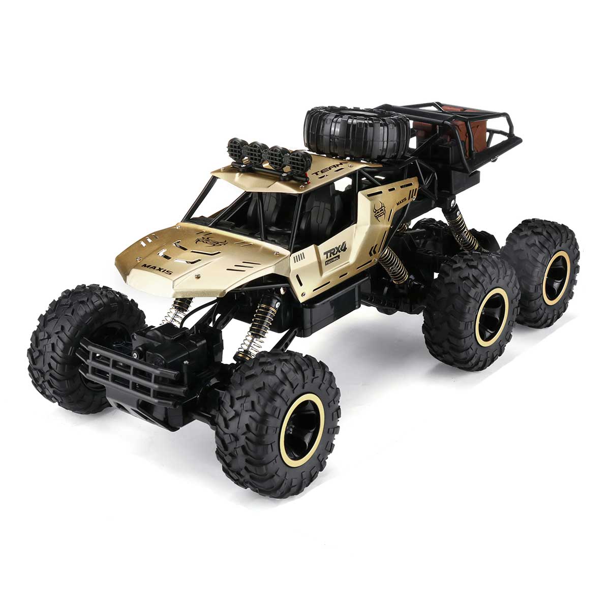 Guld 6-hjulet fjernstyret offroad bil med store terrændæk, robust design og detaljeret karosseri. Perfekt til udendørs eventyr og RC-entusiaster.