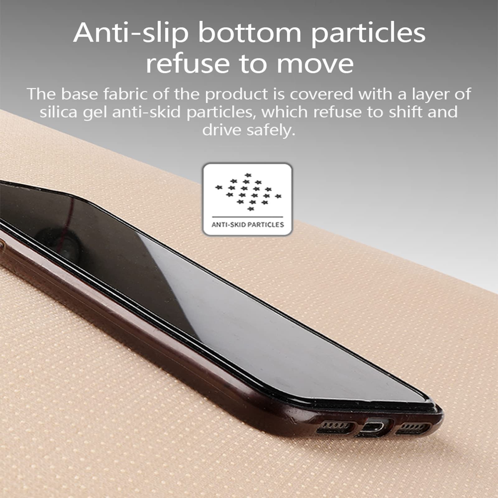 Smartphone på anti-slip underlag med silikonepartikler, der forhindrer bevægelse. Ideel til sikker kørsel.