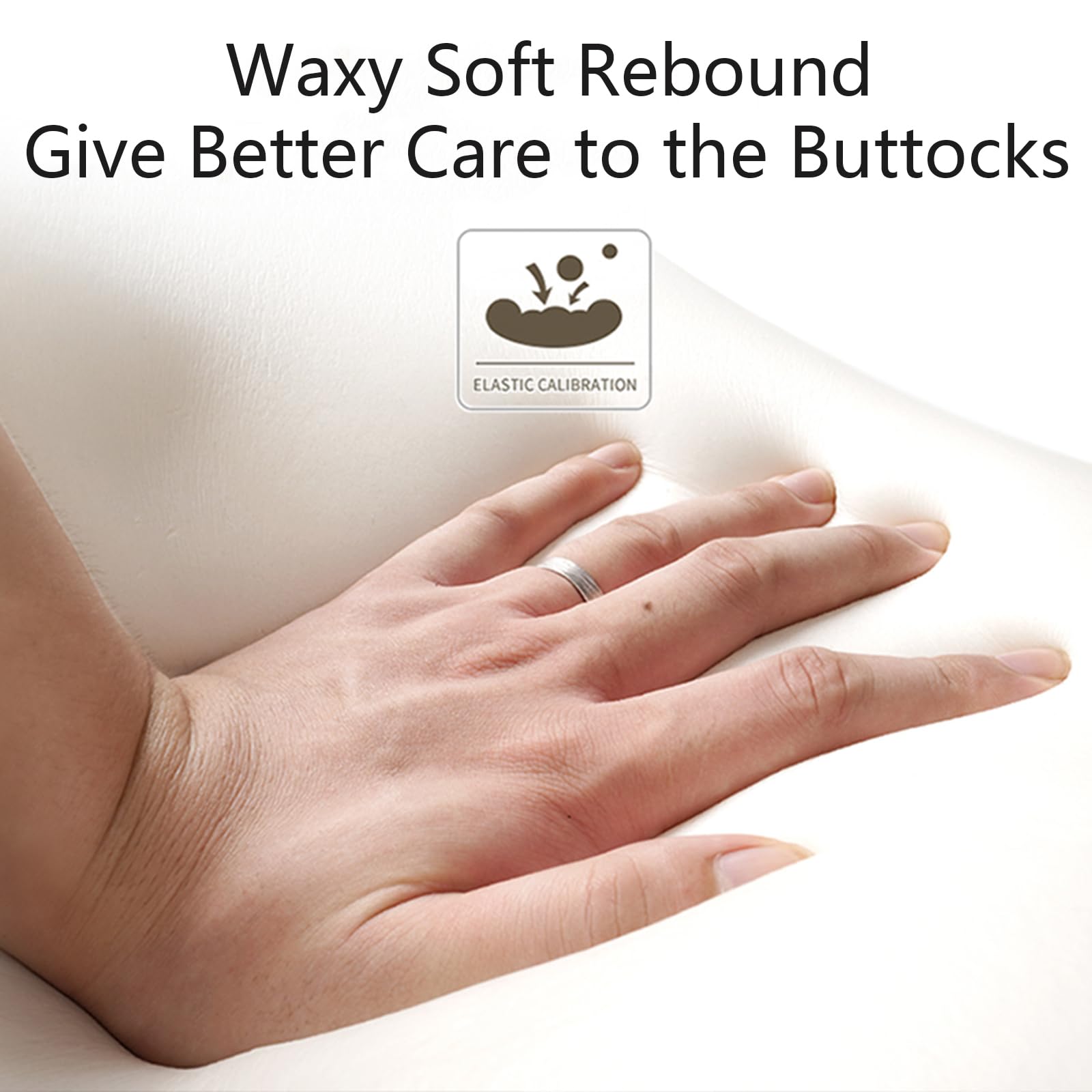 Hånd trykker på blød skumhynde med tekst om elasticitet og komfort. Ideel til ergonomiske puder og sæder. Komfortabel støtte til ryg og hofter.