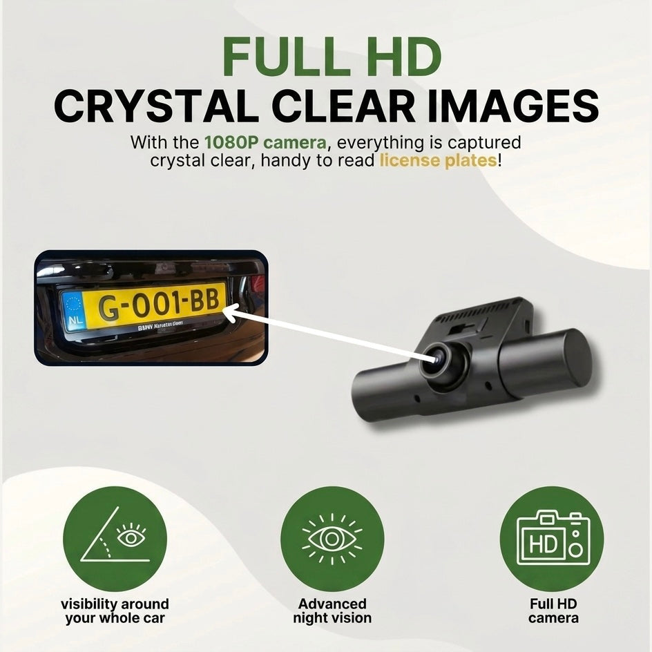 3-Camera Dashcam | 1080P HD | Front, Rear & Interior | Smart Parking Mode | Night Vision