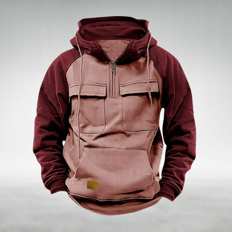 Bordeaux og beige hættetrøje med lynlås og kængurulomme, moderne streetwear design, unisex hoodie til efterår og vinter, komfortabel og stilfuld.