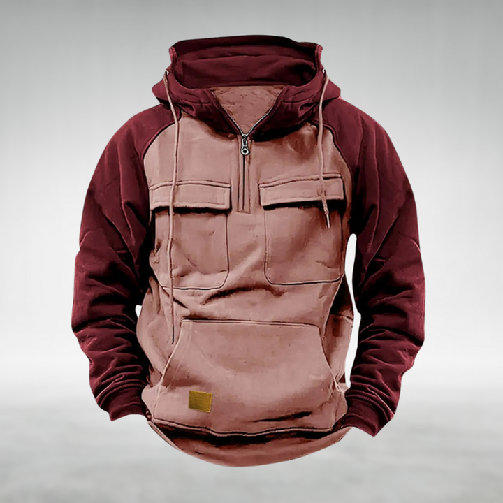 Bordeaux og beige hættetrøje med lynlås og kængurulomme, moderne streetwear design, unisex hoodie til efterår og vinter, komfortabel og stilfuld.