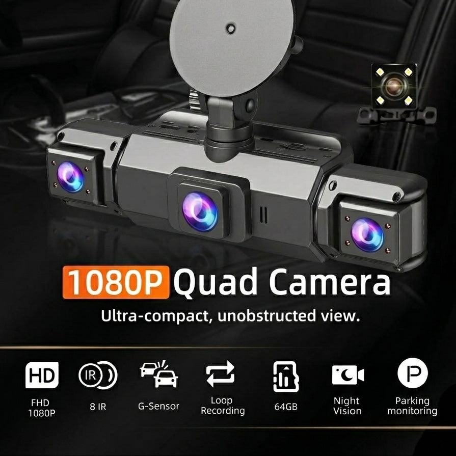 Système de dashcam sans fil avec 4 caméras | 1920P avant | 720P latéral et arrière | Vision nocturne | WiFi | 64GB