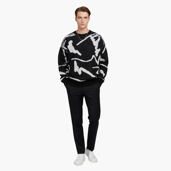 Чоловічий светр в'язаний | Круглий виріз Абстрактний принт Ребристі манжети