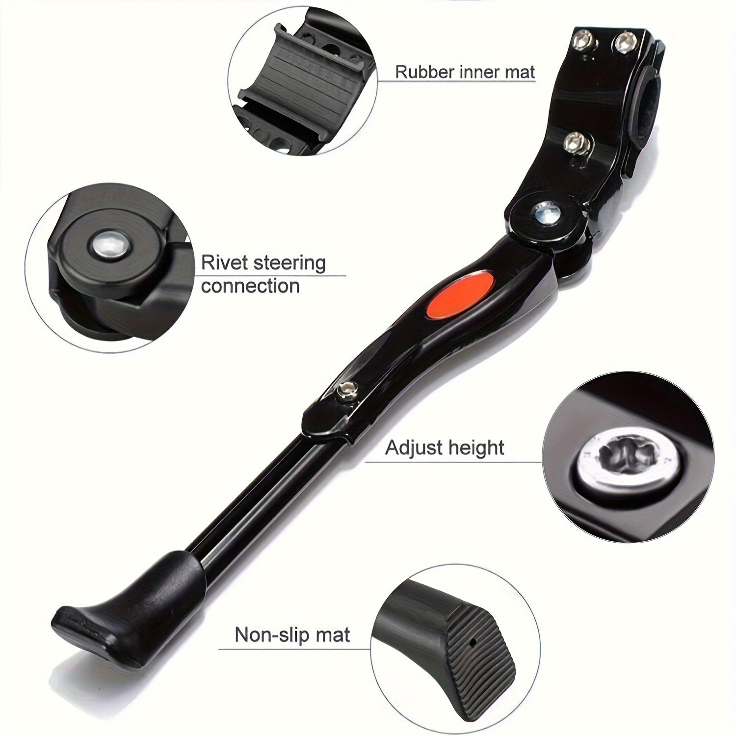 Justerbar cykelstøtteben i sort med skridsikker fod, gummimåtte og nitteforbindelse. Ideel til mountainbikes og bycykler.