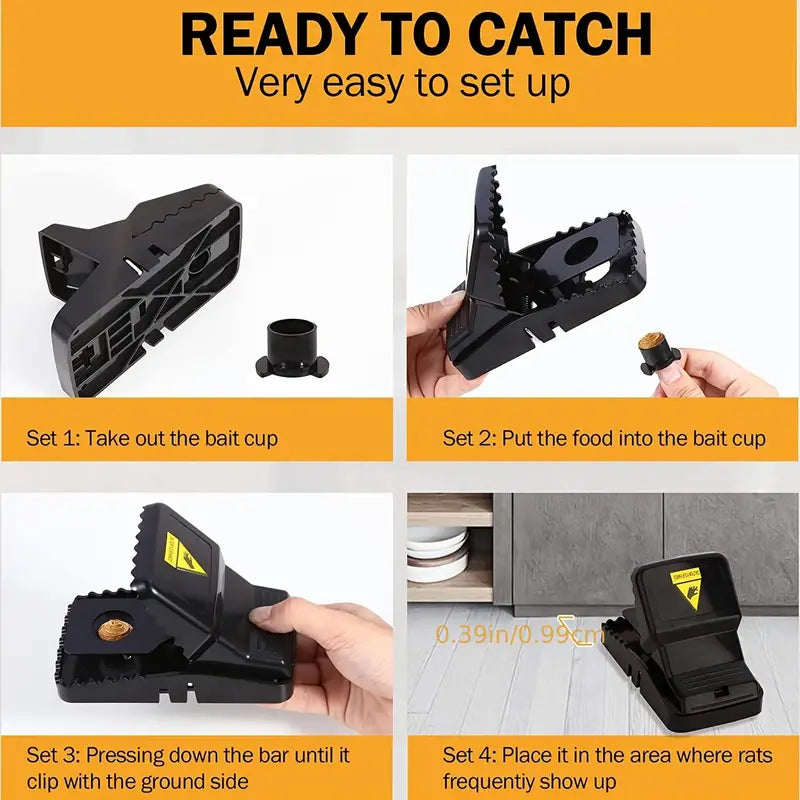 Billed af musefælde med trin-for-trin opsætningsvejledning. Effektiv skadedyrsbekæmpelse, nem installation, sikker og genanvendelig fælde til hjemmet.